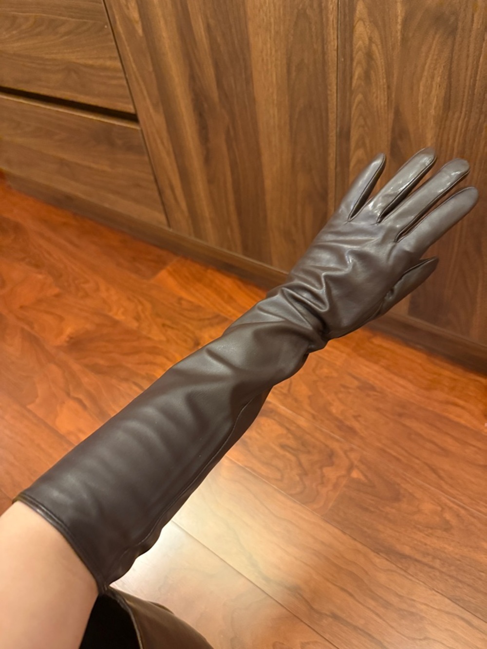 New brown sheepskin leather elbow length satin lined gloves